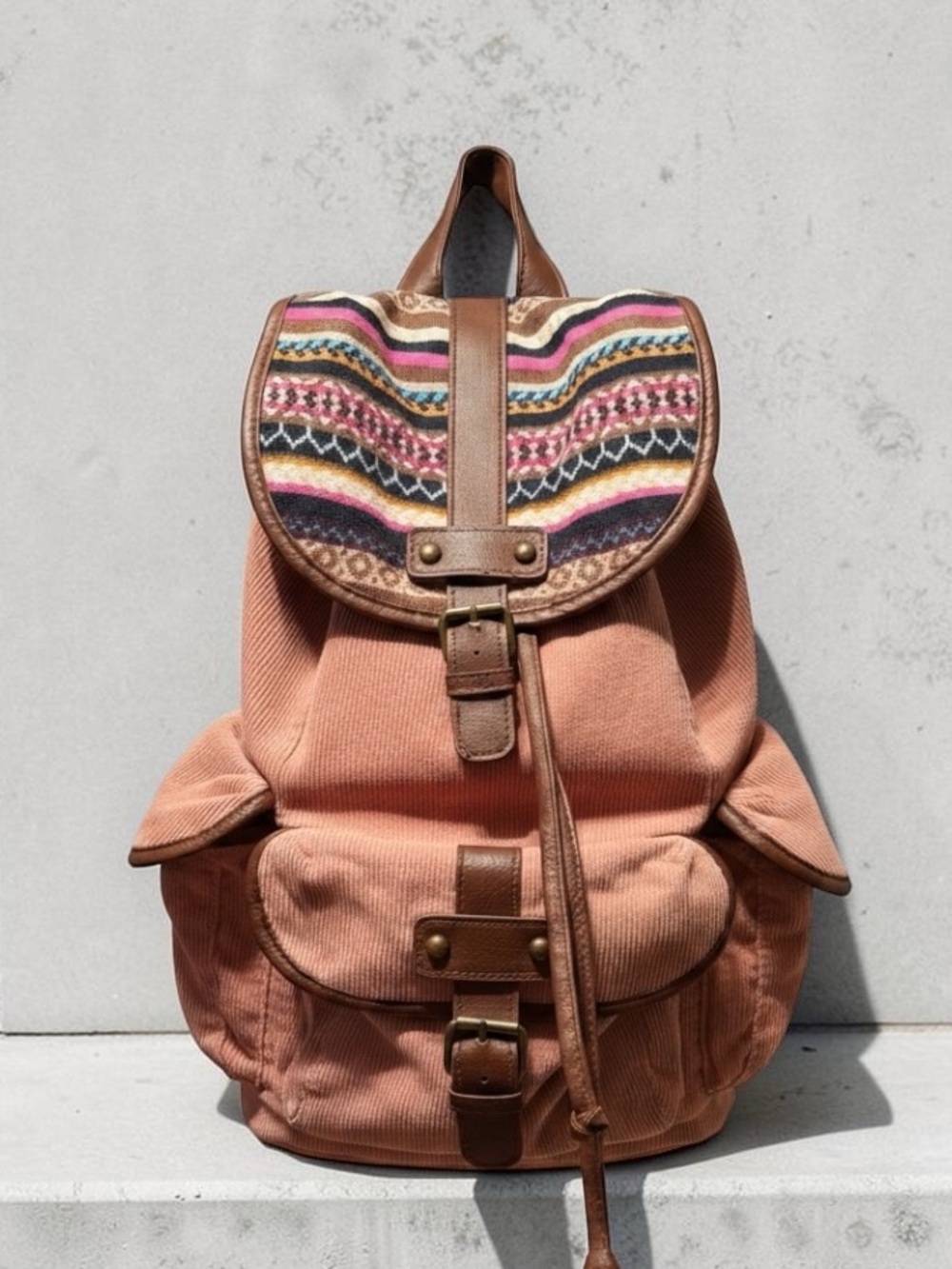 Candie's Coral Canvas Backpack with Multicolor Patterned Flap